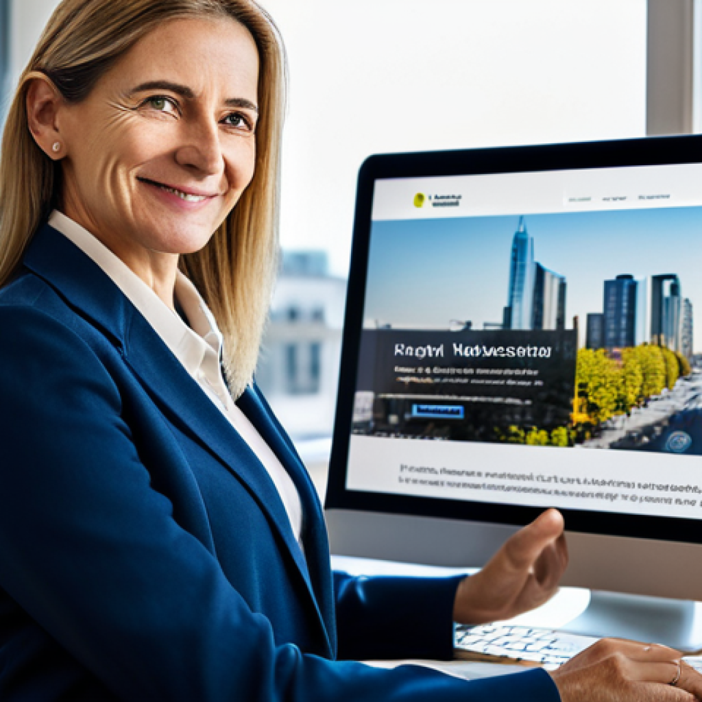 A professional female Notary Public, middle-aged, with a welcoming and approachable expression, wearing a modest business suit. She is seated at a clean, contemporary desk in a bright, modern notary office. On the desk, a laptop displays a professional law firm website, and a tablet shows a social media feed with educational content. The background features a blurred cityscape through a window, suggesting local presence and digital connectivity. The overall scene conveys innovation, trustworthiness, and digital accessibility, fully clothed, appropriate attire, professional dress, safe for work, appropriate content, perfect anatomy, correct proportions, natural pose, well-formed hands, proper finger count, natural body proportions, professional photography, high quality, family-friendly.