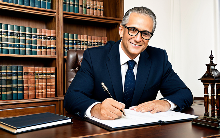 The Respected Notary**

"A professional, fully clothed notary, wearing a tailored business suit and glasses, seated at a large wooden desk in a well-lit, traditional office. Law books are visible on shelves in the background. The notary is signing a document with a fountain pen, looking directly at the camera with a confident and trustworthy expression. Safe for work, appropriate content, professional attire, perfect anatomy, natural pose, high quality."

**