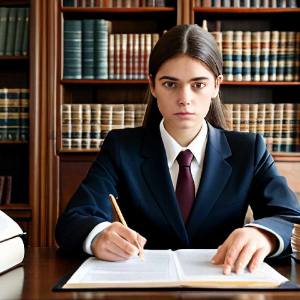 The Diligent Young Jurist**

"A young, professional-looking jurist, fully clothed in a modest, dark business suit, sitting at a large wooden desk piled high with legal documents in a well-lit, classic law office. She is intently studying the documents, with a focused expression. Background includes overflowing bookshelves and a framed diploma. Safe for work, appropriate content, perfect anatomy, correct proportions, natural pose, well-formed hands, proper finger count, professional, family-friendly."

**