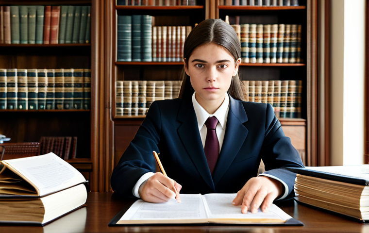 The Diligent Young Jurist**

"A young, professional-looking jurist, fully clothed in a modest, dark business suit, sitting at a large wooden desk piled high with legal documents in a well-lit, classic law office. She is intently studying the documents, with a focused expression. Background includes overflowing bookshelves and a framed diploma. Safe for work, appropriate content, perfect anatomy, correct proportions, natural pose, well-formed hands, proper finger count, professional, family-friendly."

**