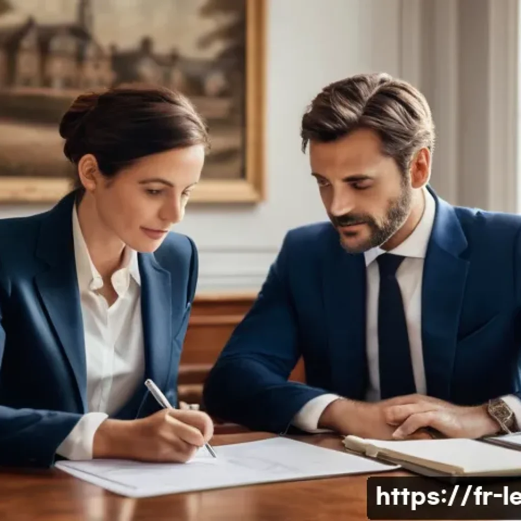 법무사로서 법률 상담 사례 - **Prompt:** A detailed, professional photographic style image of a friendly French notary in their m...