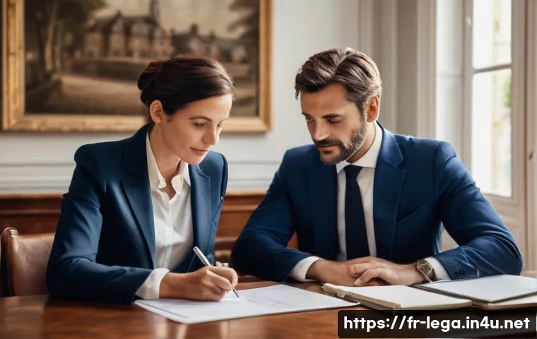 법무사로서 법률 상담 사례 - **Prompt:** A detailed, professional photographic style image of a friendly French notary in their m...