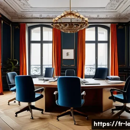 법무사 사무소와 로펌의 협업 사례 - A modern, professional law office setting in Paris, showcasing a diverse team of French notaries and...