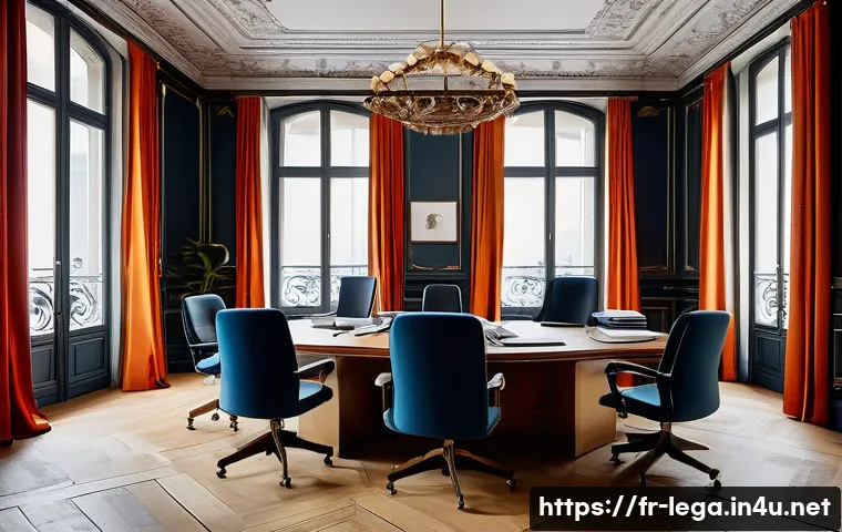 법무사 사무소와 로펌의 협업 사례 - A modern, professional law office setting in Paris, showcasing a diverse team of French notaries and...