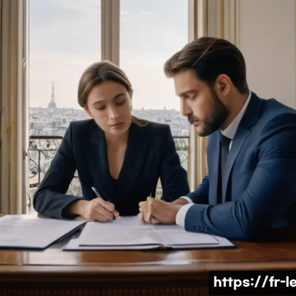 법무사로서 정리해야 할 주요 법률 문서 - A professional office setting in Paris with two businesspeople reviewing a detailed contract documen...