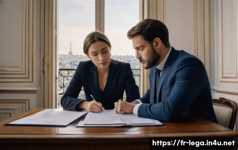 법무사로서 정리해야 할 주요 법률 문서 - A professional office setting in Paris with two businesspeople reviewing a detailed contract documen...