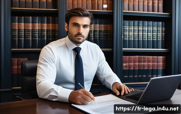 법무사 초보자를 위한 체크리스트 - A professional judicial officer in a modern French office, wearing a formal dark suit and tie, metic...