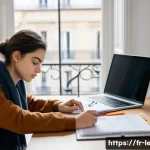 법무사 시험에서 합격률을 높이는 스터디 방법 - A focused young adult student sitting at a cozy desk in a bright, modern apartment in Paris, organiz...