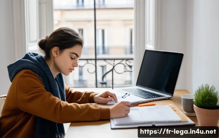 법무사 시험에서 합격률을 높이는 스터디 방법 - A focused young adult student sitting at a cozy desk in a bright, modern apartment in Paris, organiz...