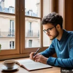 법무사 시험과정 중 집중해야 할 주요 항목 - A focused French law student sitting at a modern wooden desk in a cozy Parisian apartment, surrounde...