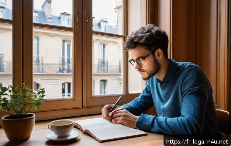 법무사 시험과정 중 집중해야 할 주요 항목 - A focused French law student sitting at a modern wooden desk in a cozy Parisian apartment, surrounde...