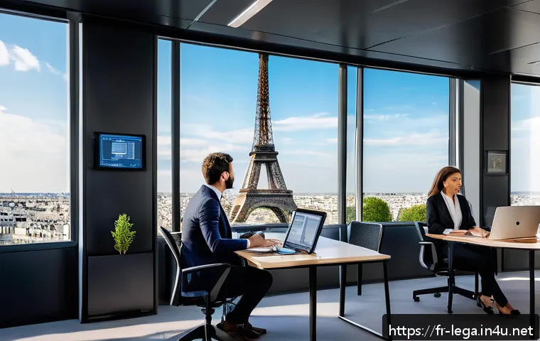 법무사 업무 중 발생하는 리스크 - A professional corporate legal team in a modern Parisian office, collaborating intensely over compli...