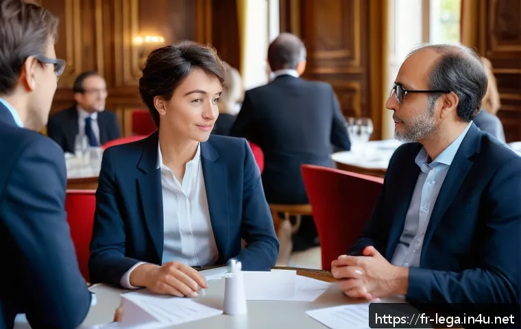 법무사로서 성공한 사례 - A professional networking event in Paris featuring a diverse group of French legal professionals inc...