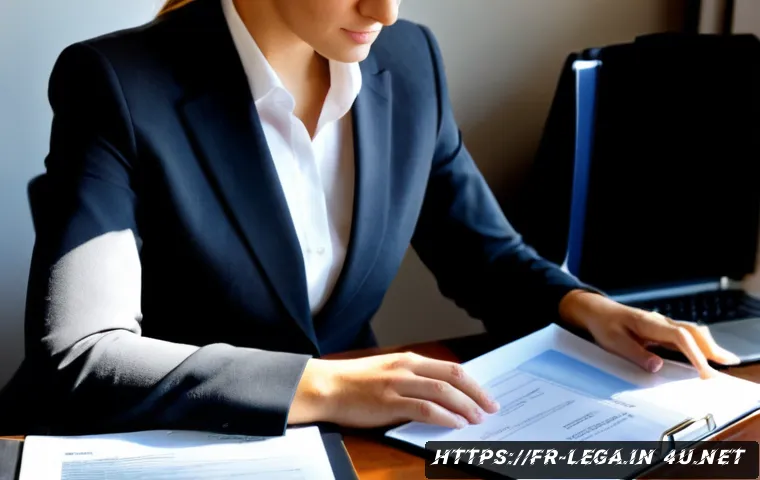 법무사 이직 성공을 위한 포트폴리오 작성법 - Photorealistic French legal professional in smart business attire assembling a polished career portf...