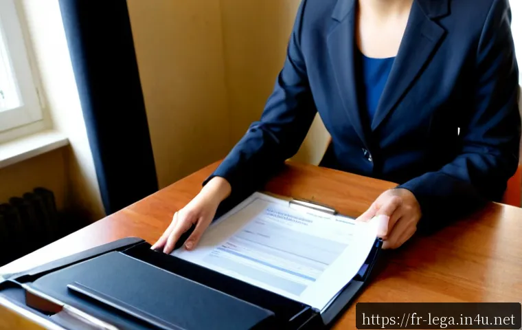 Home 17 법무사 실무에서 자주 하는 실수 - Photorealistic French legal office, a meticulous legal clerk in smart business attire reviewing a pr...