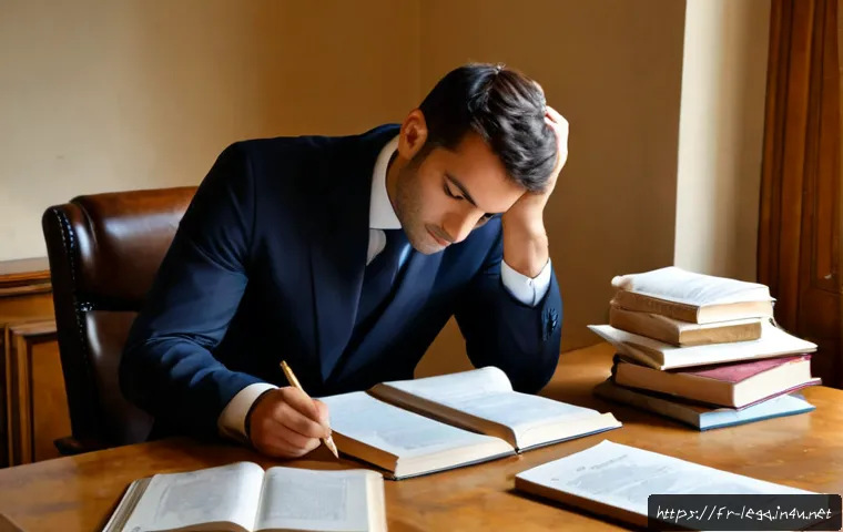 Home 17 법무사 시험 과목의 난이도 분석 - Photorealistic French legal exam preparation scene, a focused adult candidate studying at a tidy Par...